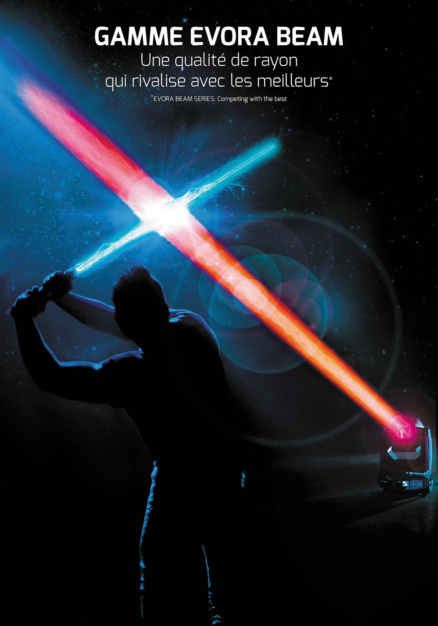 Publicité pour la gamme Evora Beam montrant des faisceaux lumineux rouge et bleu. Par Studio ZE, photographe publicitaire de matériel événementiel à Toulouse.