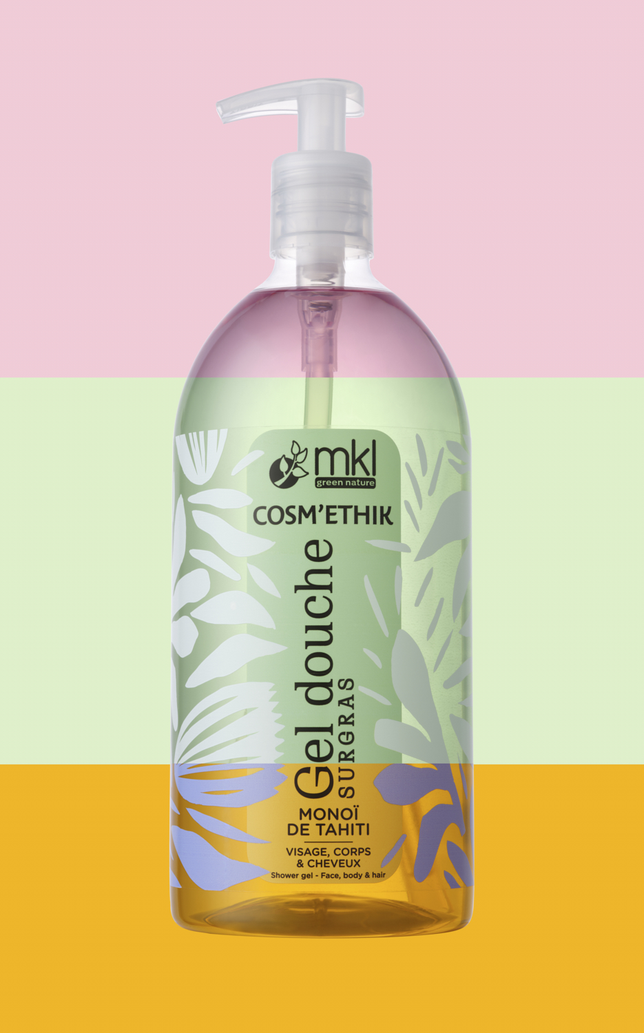 Photographie professionnelle d'un flacon de gel douche surgras MKL Cosm'Ethik au Monoï de Tahiti, avec son design floral. Image réalisée par Studio ZE, photographe d'objet cosmétique à Toulouse.