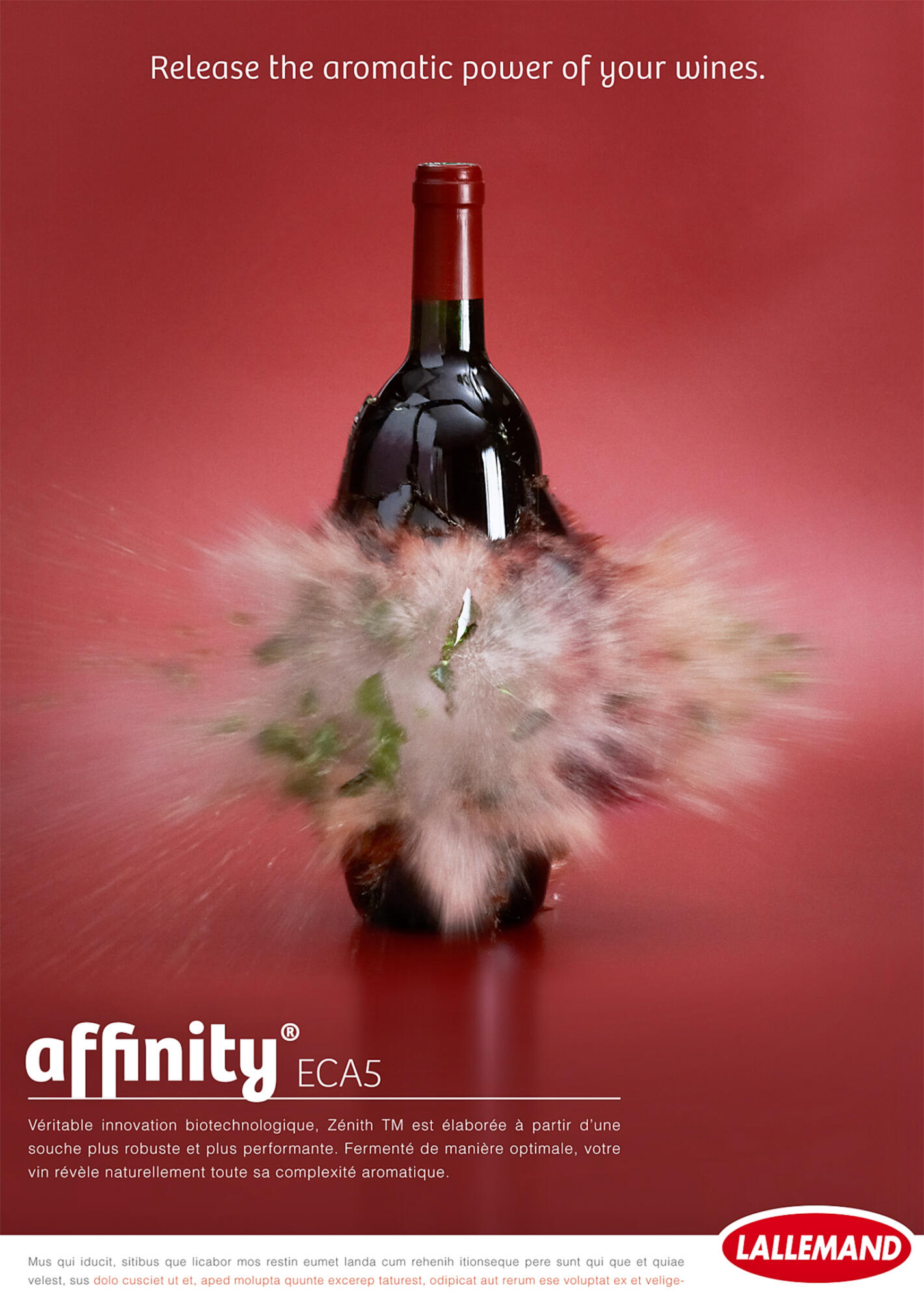 Publicité Lallemand "Affinity ECA5" avec une bouteille de vin rouge et un effet d'explosion. Par Studio ZE, photographe publicitaire pour l'œnologie à Toulouse.