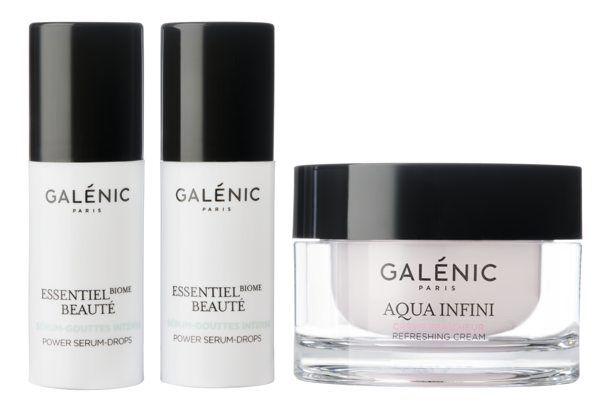 Photographie professionnelle de packshot de trois produits cosmétiques Galénic (sérums et crème hydratante) sur fond blanc. Image réalisée par Studio ZE, photographe d'objet beauté à Toulouse.