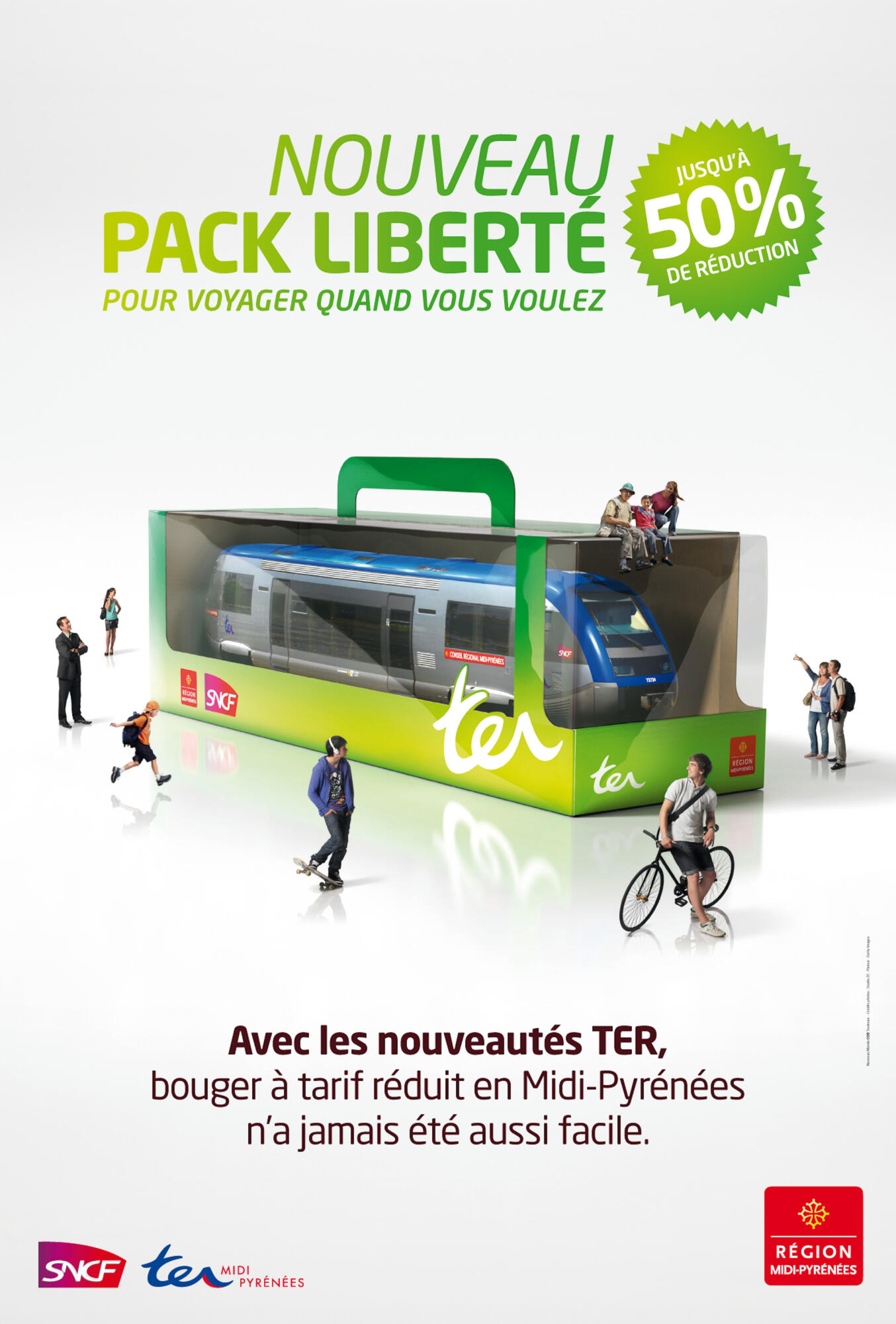 Publicité SNCF TER "Pack Liberté" avec un train en miniature et des personnages. Par Studio ZE, photographe publicitaire de transports à Toulouse.