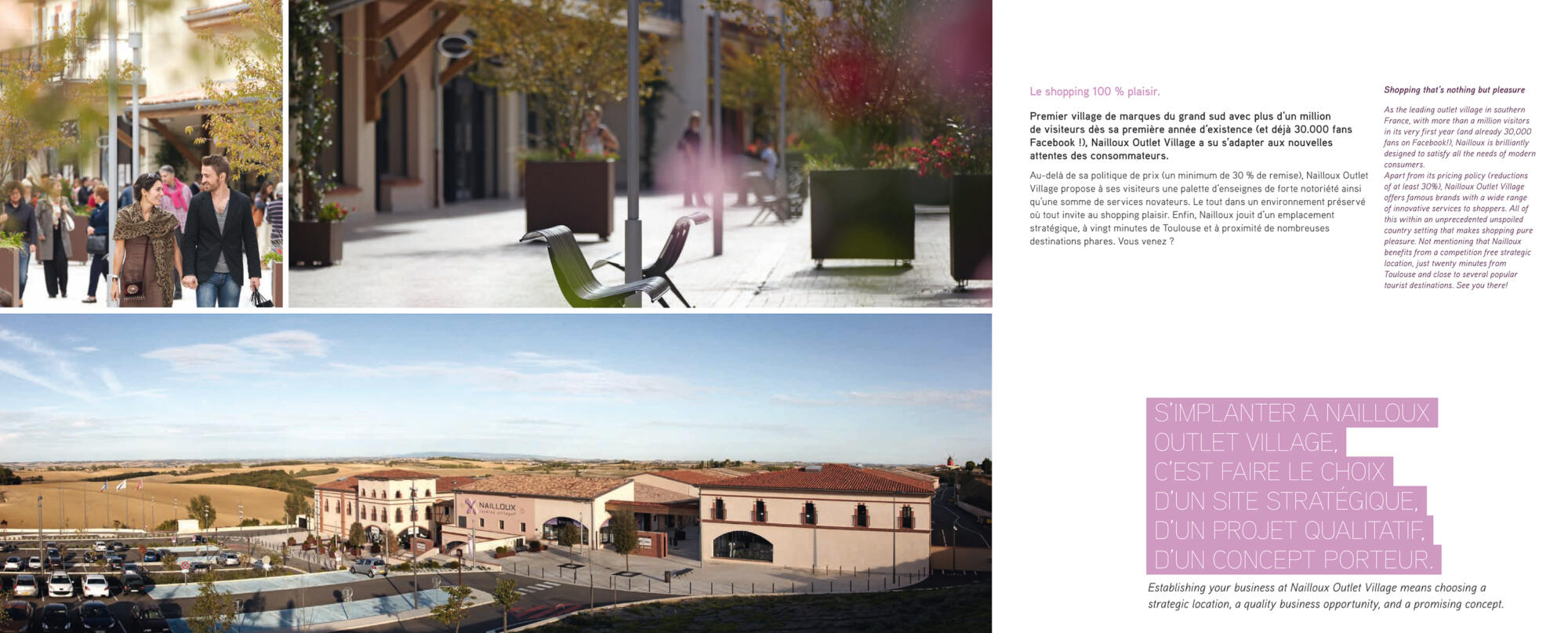 Photographie du Nailloux Outlet Village, architecture extérieure et espaces commerciaux. Par Studio ZE, photographe de centres commerciaux à Toulouse.