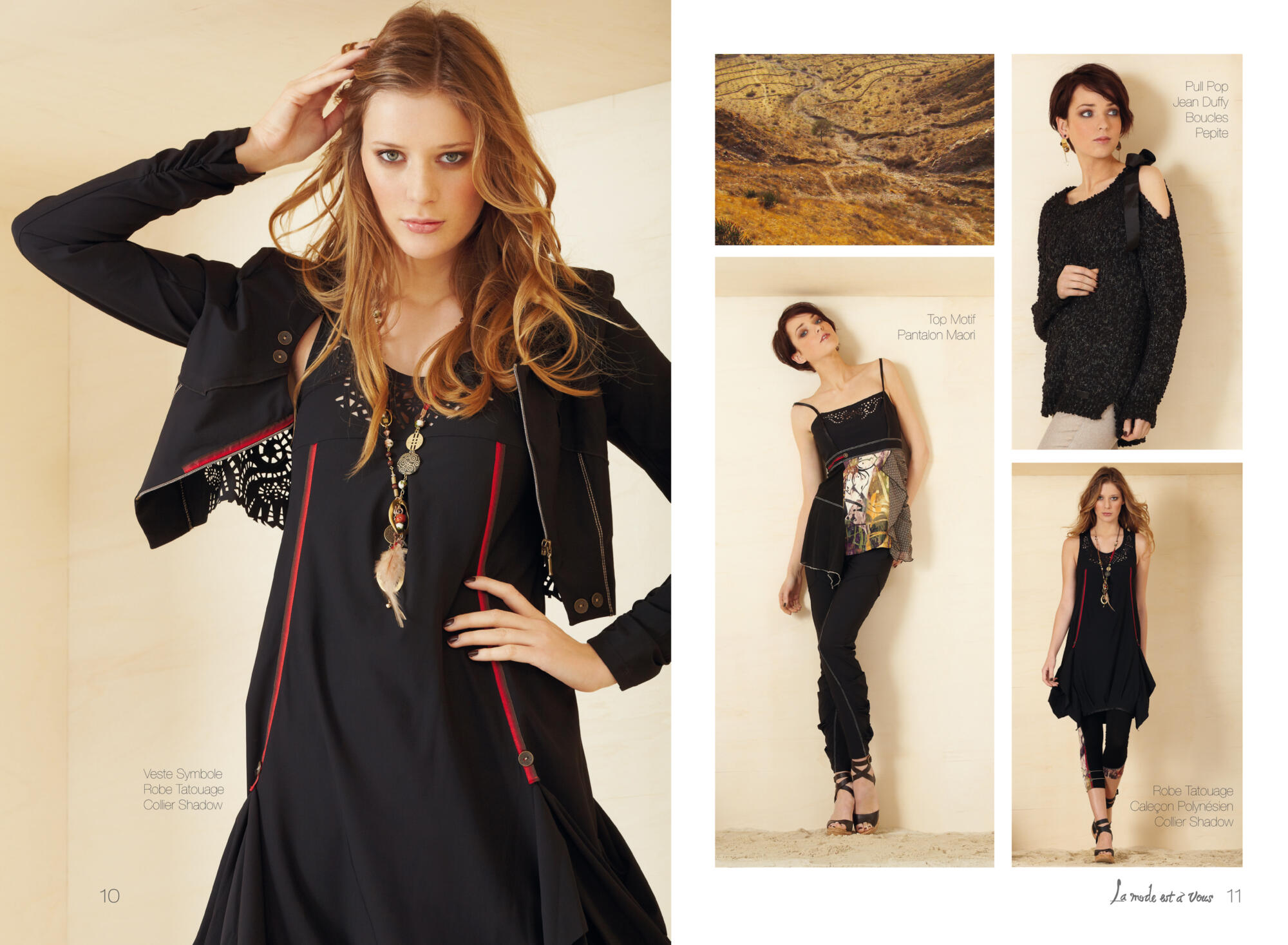 Photographie d'une double page de magazine présentant une femme mannequin en tenue noire avec veste et colliers, et d'autres mannequins avec différentes tenues. Par Studio ZE, photographe mode à Toulouse.