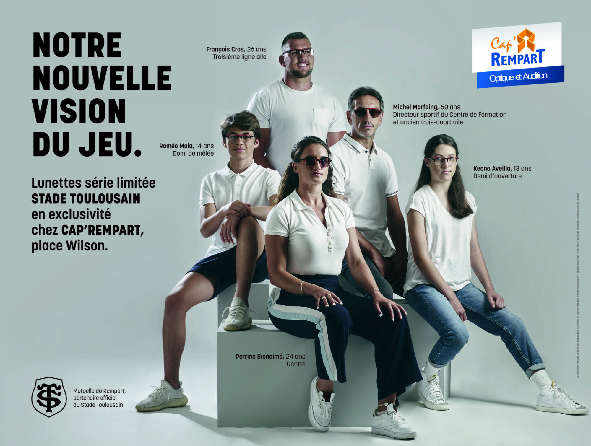 Publicité Cap' Rempart & Stade Toulousain "Notre Nouvelle Vision du Jeu" avec joueurs de rugby portant des lunettes. Par Studio ZE, photographe publicitaire de sport à Toulouse.