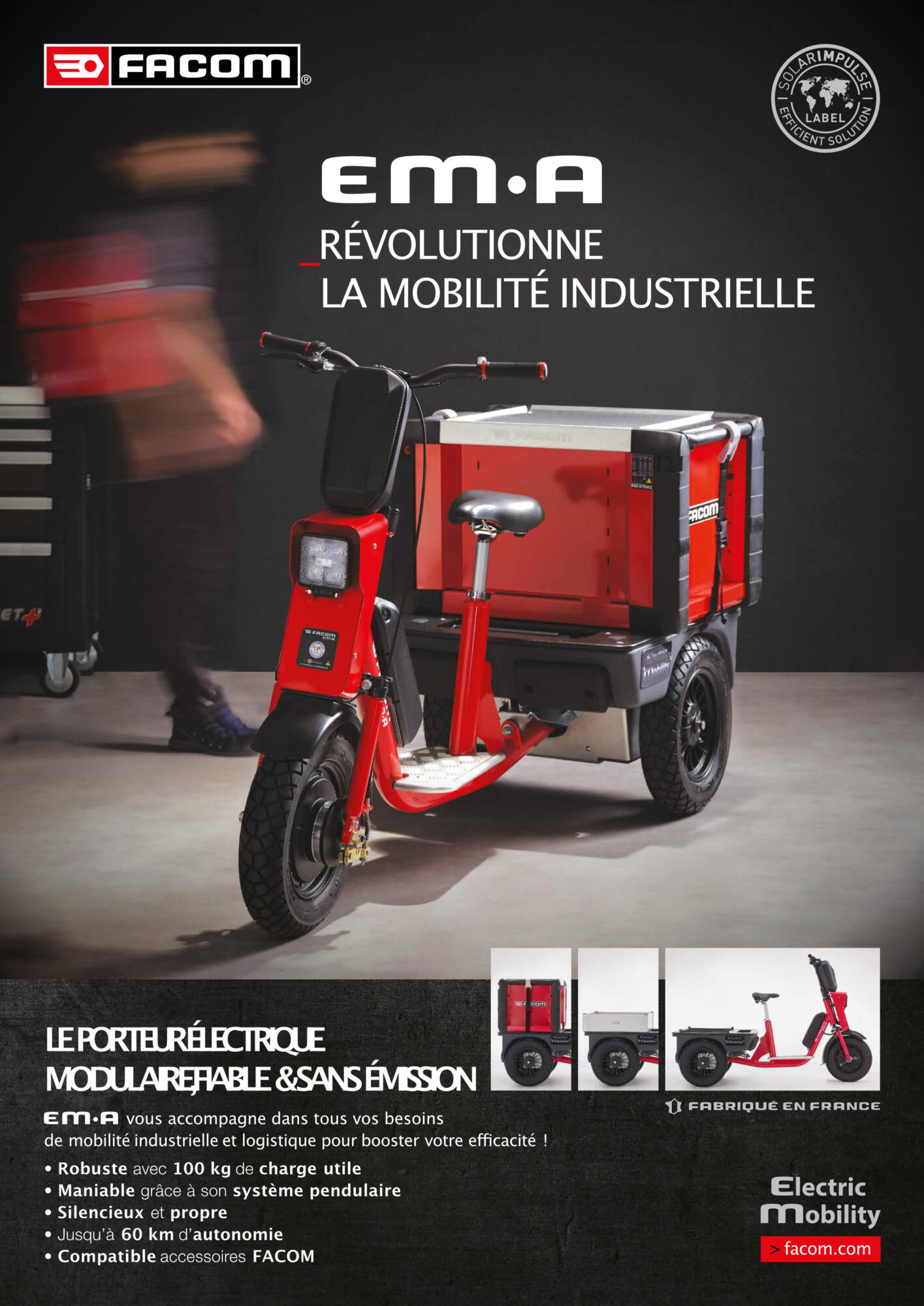 Publicité Facom pour le porteur électrique modulaire EM•A. "Révolutionne la mobilité industrielle". Par Studio ZE, photographe publicitaire de véhicules professionnels à Toulouse.