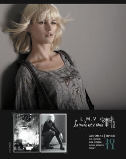 Photographie d'une page de magazine GRAZIA présentant une mannequin blonde aux cheveux courts et au vent, posant avec un haut imprimé. Par Studio ZE, photographe mode à Toulouse.