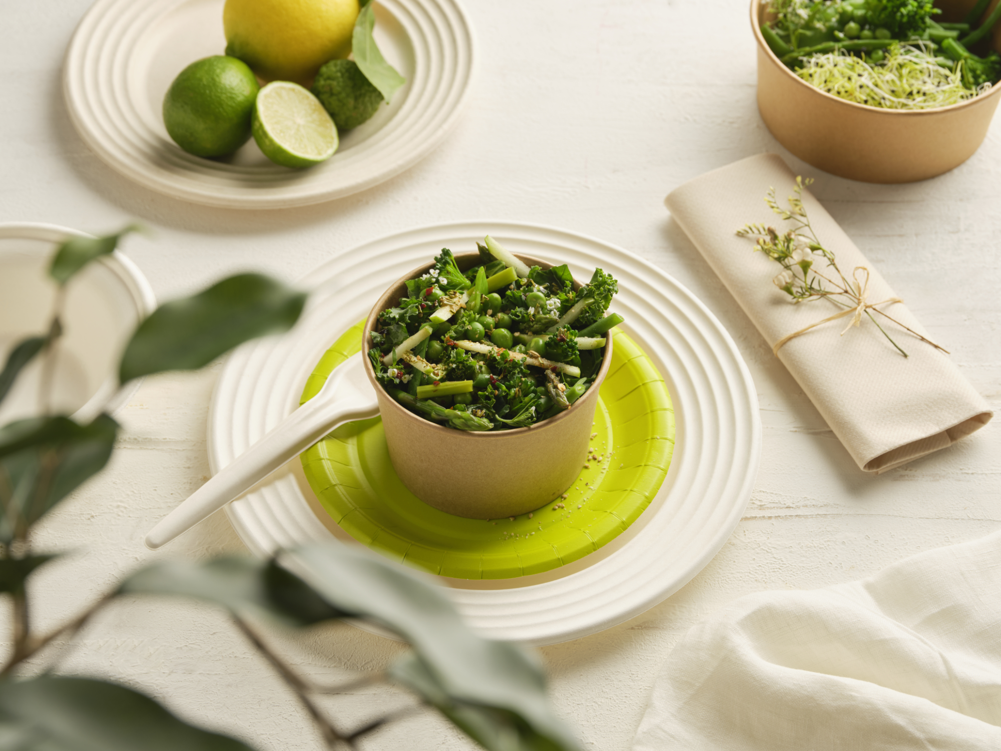 Photographie d'une salade dans un bol éco-responsable sur des assiettes réutilisables, avec couverts. Par Studio ZE, photographe de produits durables à Toulouse.