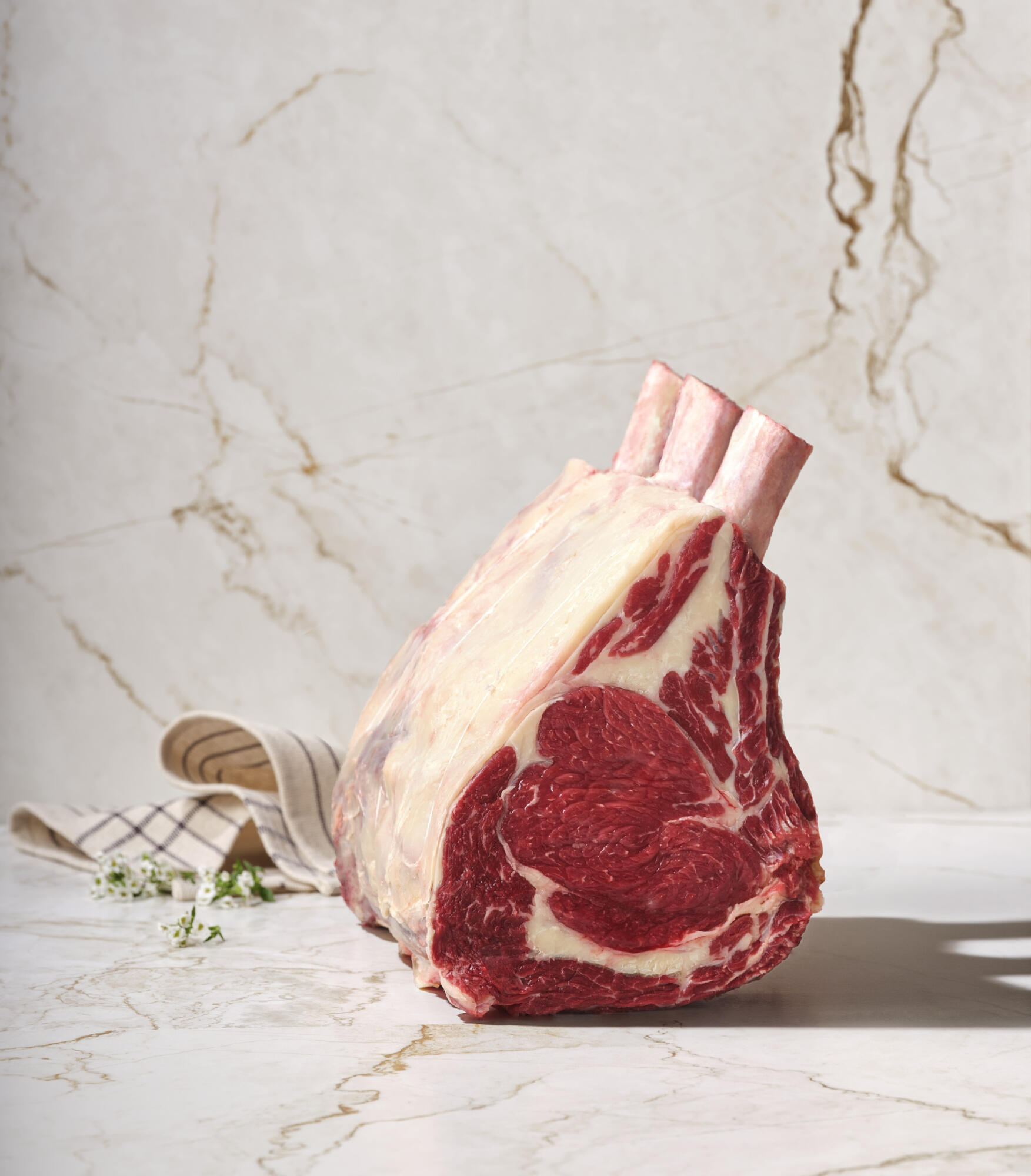 Photographie d'une côte de boeuf crue, avec os, sur un fond marbré. Par Studio ZE, photographe de produits carnés premium à Toulouse.