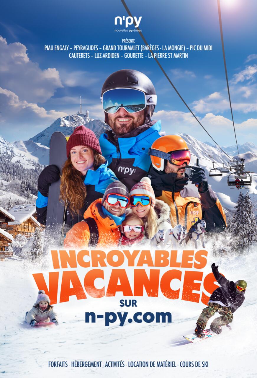 Publicité N'PY "Incroyables Vacances" montrant des familles faisant du ski et snowboard dans les Pyrénées. Par Studio ZE, photographe publicitaire de stations de ski à Toulouse.